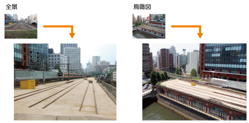 東日本旅客鉄道株式会社殿 旧万世橋駅遺構防草対策工で「草デン土」が採用された、全景および鳥瞰図です。